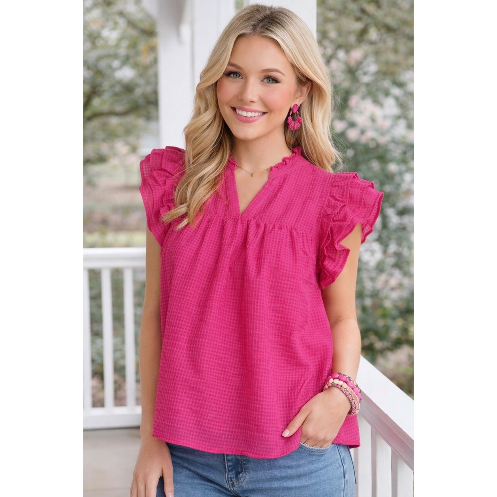 NWOT Umgee Pink‎ Textured Check Ruffle Cap Sleeve V-Neck Babydoll Blouse Size L
